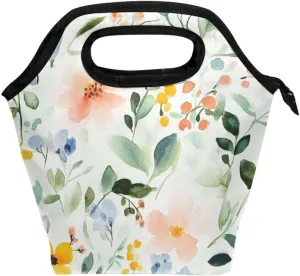 nurse lunch bag with Curved handle large lunch box Leakproof cooler bag small for Work School Watercolor Art Green Leaves Flower
