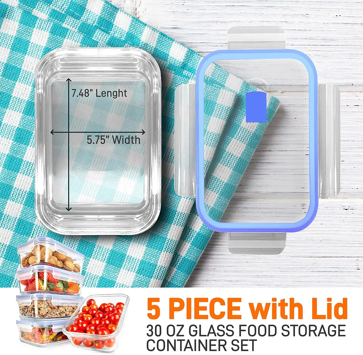 NutriChef 10-Piece Superior Glass Food Storage Containers Set (5 Containers   5 Locking Lids),Stackable Meal-prep Design, BPA-free Airtight Clear Locking lids with Vent Lids & Air Hole, Blue