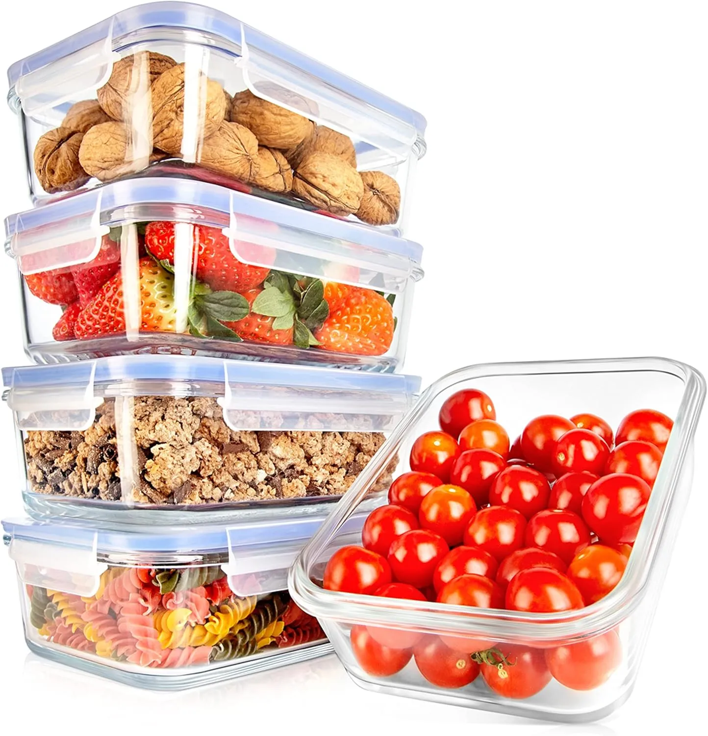 NutriChef 10-Piece Superior Glass Food Storage Containers Set (5 Containers   5 Locking Lids),Stackable Meal-prep Design, BPA-free Airtight Clear Locking lids with Vent Lids & Air Hole, Blue