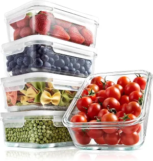 NutriChef 10-Piece Superior Glass Food Storage Containers Set (5 Containers   5 Locking Lids),Stackable Meal-prep Design, BPA-free Airtight Clear Locking lids with Vent Lids & Air Hole, NCCLX5