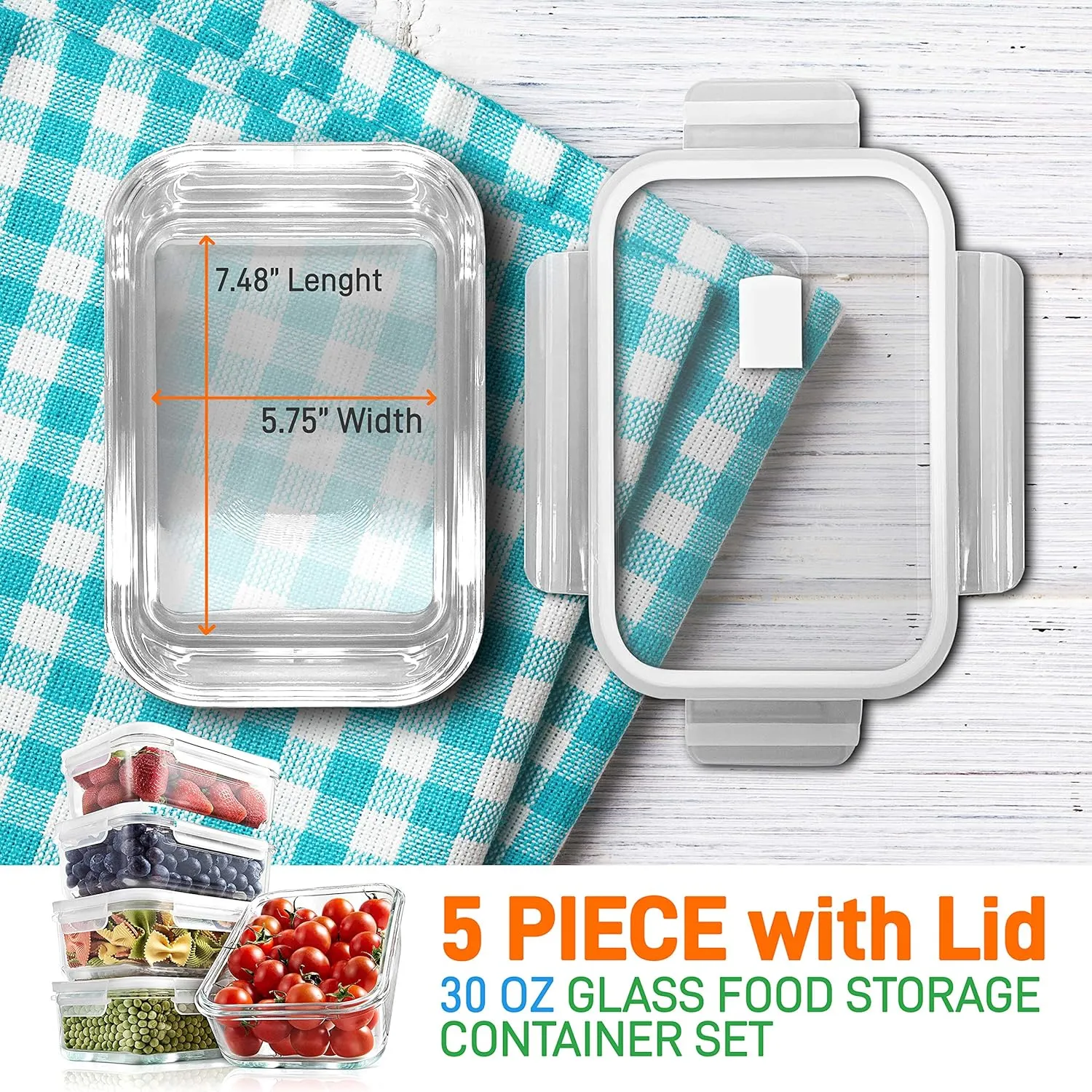 NutriChef 10-Piece Superior Glass Food Storage Containers Set (5 Containers   5 Locking Lids),Stackable Meal-prep Design, BPA-free Airtight Clear Locking lids with Vent Lids & Air Hole, NCCLX5