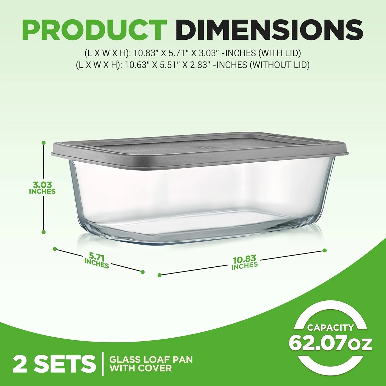 NutriChef 2-Piece Glass Loaf Pan Set, 1.9-QT Stackable Tempered Glass Bread Pans w/Airtight BPA-Free Lid - Dishwasher, Oven, & Microwave Safe, 62oz Loaf Dish Set