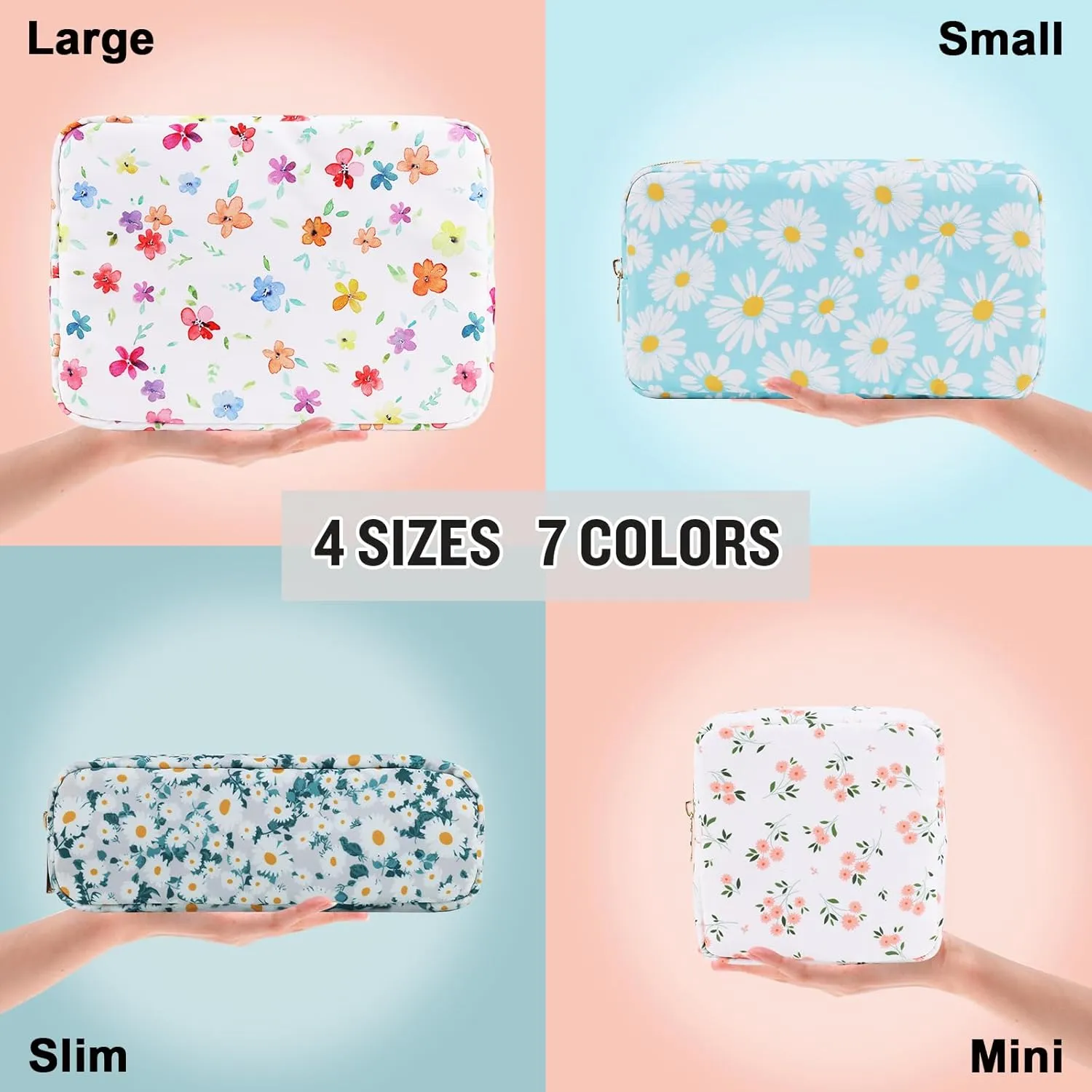 Nylon Large Floral Makeup Organizer Bag, Preppy Big Cute Flower Cosmetic Zipper Pouch Multi-compartment with Dividers, Waterproof Toiletry Makeup Brushes Bag Travel Essentials for Women(White-Flower)