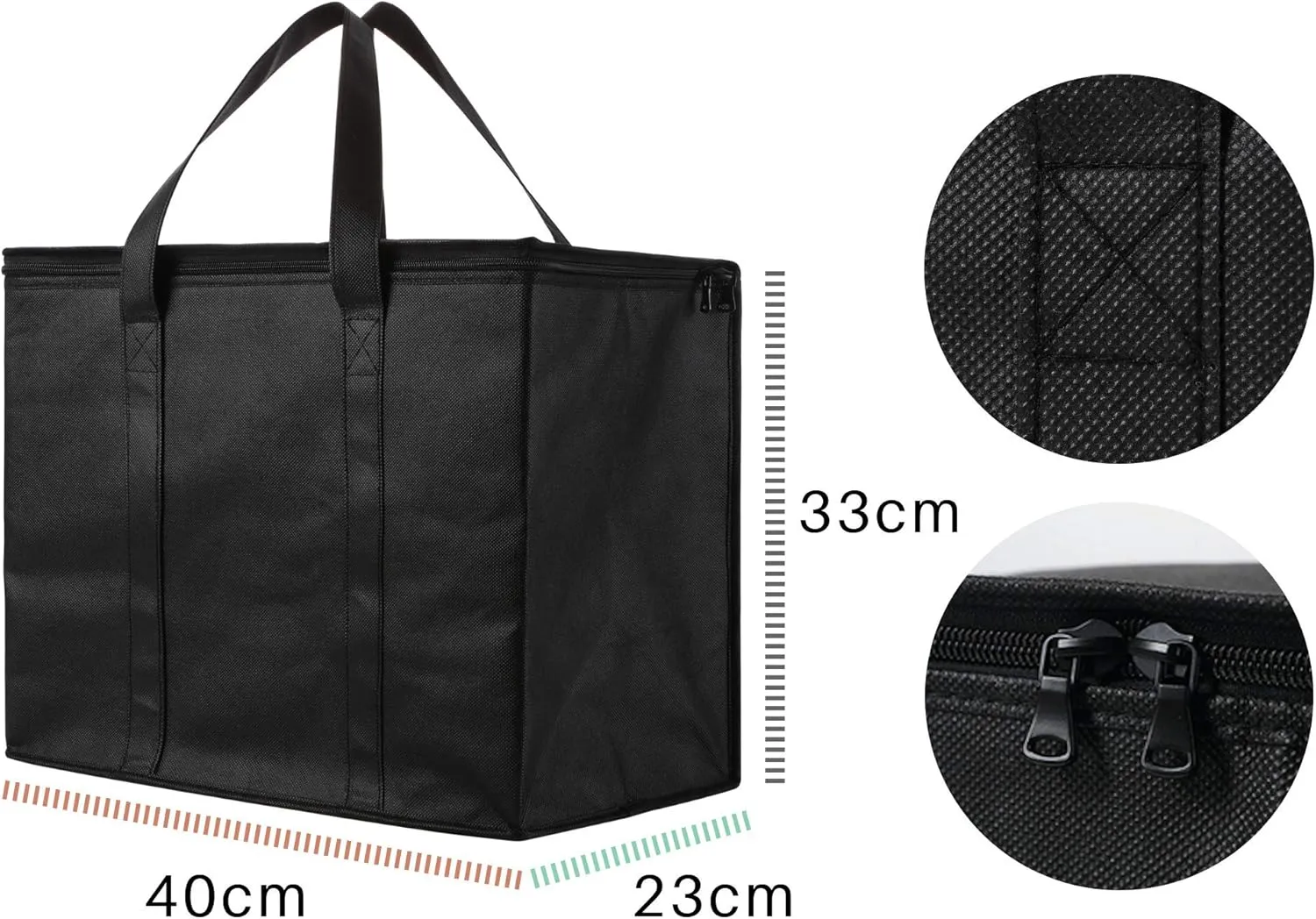 NZ home Insulated Cooler Bag and Food Warmer (XL Plus, 2 Pack) for Delivery & Grocery Shopping with Zippered Top, Black