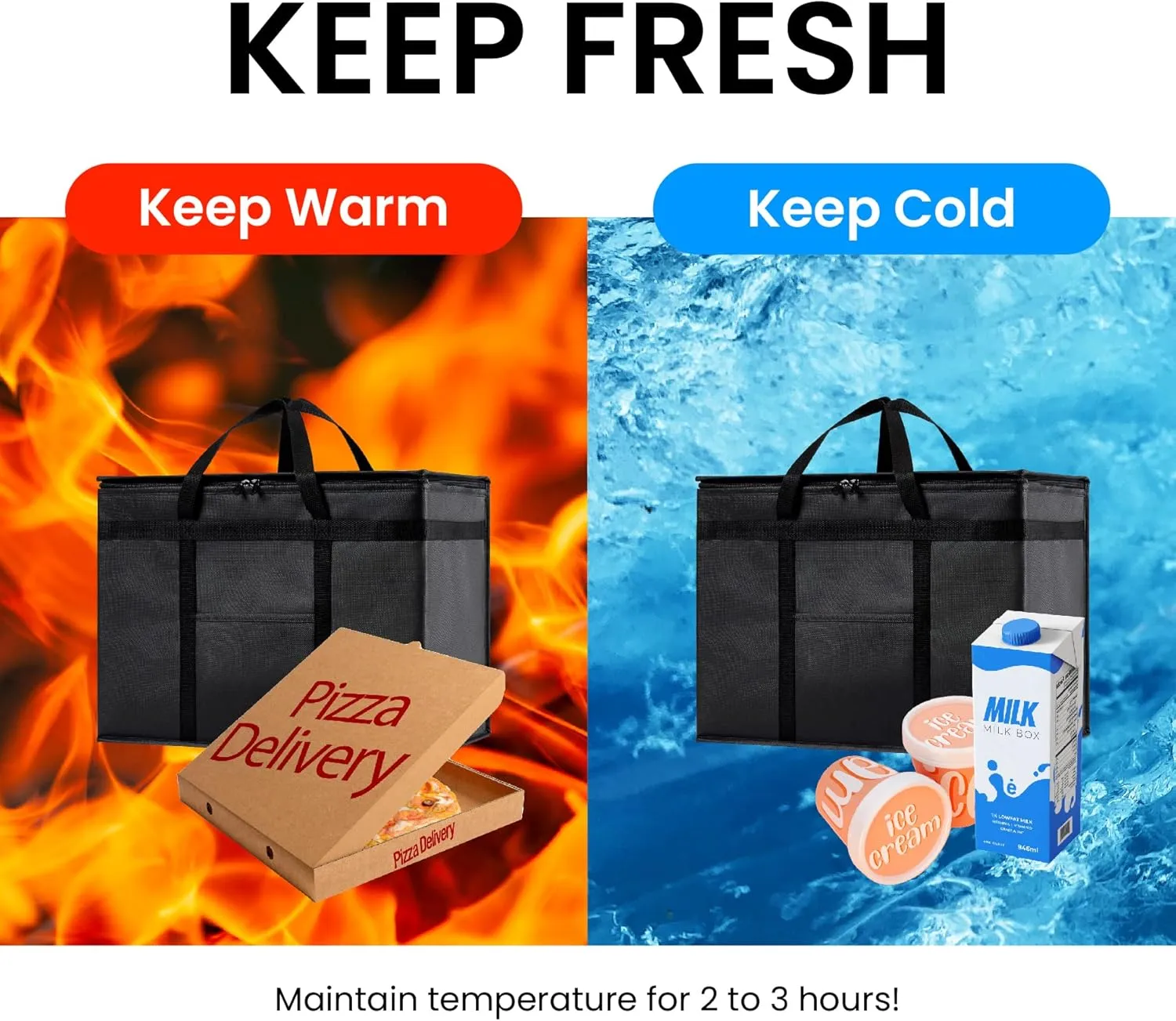 NZ home Insulated Cooler Bag and Food Warmer (XL Plus, 2 Pack) for Delivery & Grocery Shopping with Zippered Top, Gray