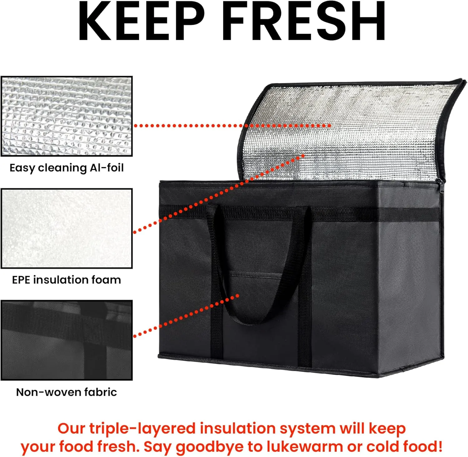 NZ home Insulated Cooler Bag and Food Warmer (XL Plus, 2 Pack) for Delivery & Grocery Shopping with Zippered Top, Gray