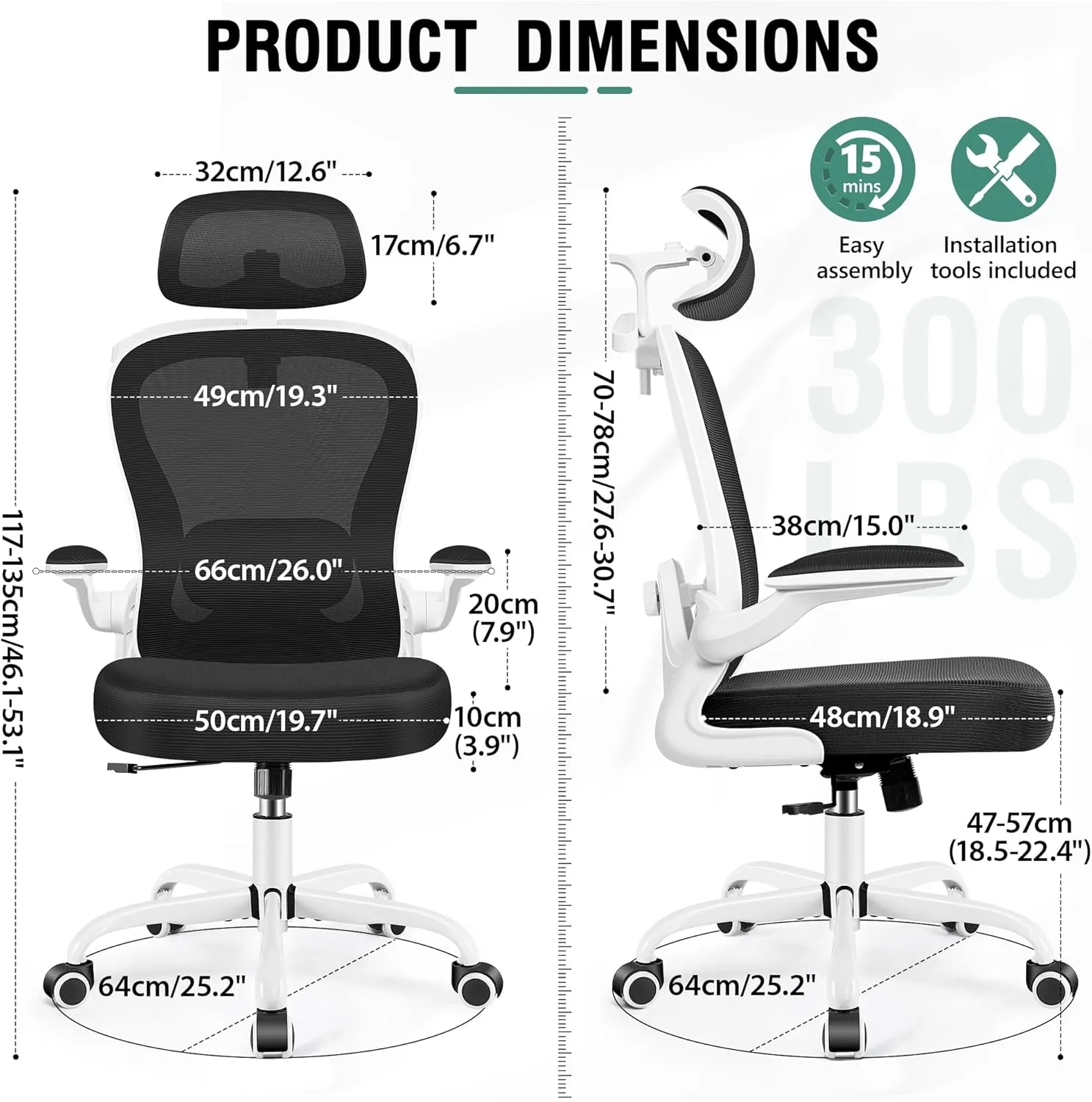 Office Chair, Ergonomic Office Chair with 3D Lumbar Support 3D Headrest, Comfy High Back Home Desk Chairs, Breathable Mesh Computer Chairs with Flip-Up Armrests & Hanger,White