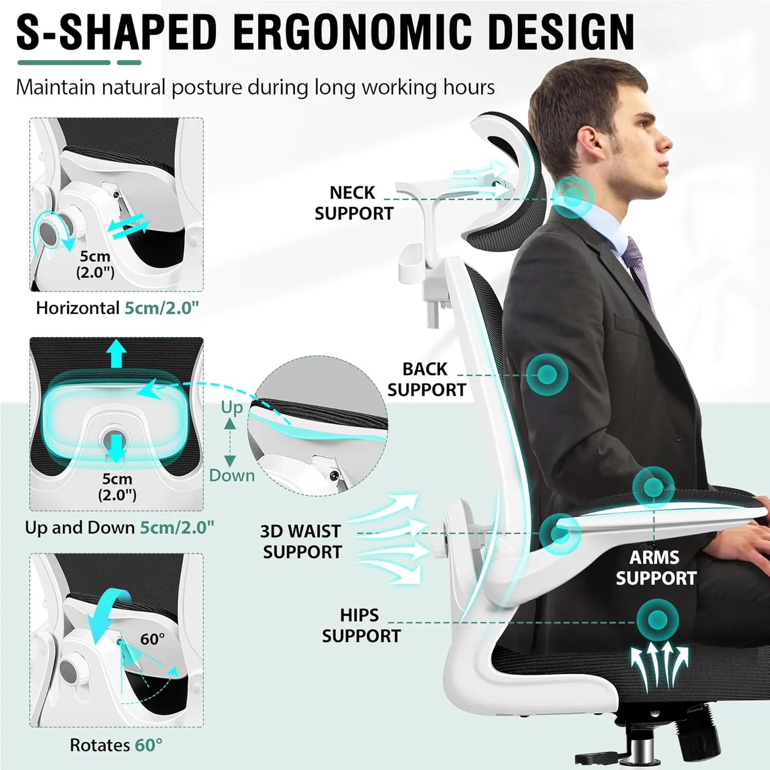 Office Chair, Ergonomic Office Chair with 3D Lumbar Support 3D Headrest, Comfy High Back Home Desk Chairs, Breathable Mesh Computer Chairs with Flip-Up Armrests & Hanger,White