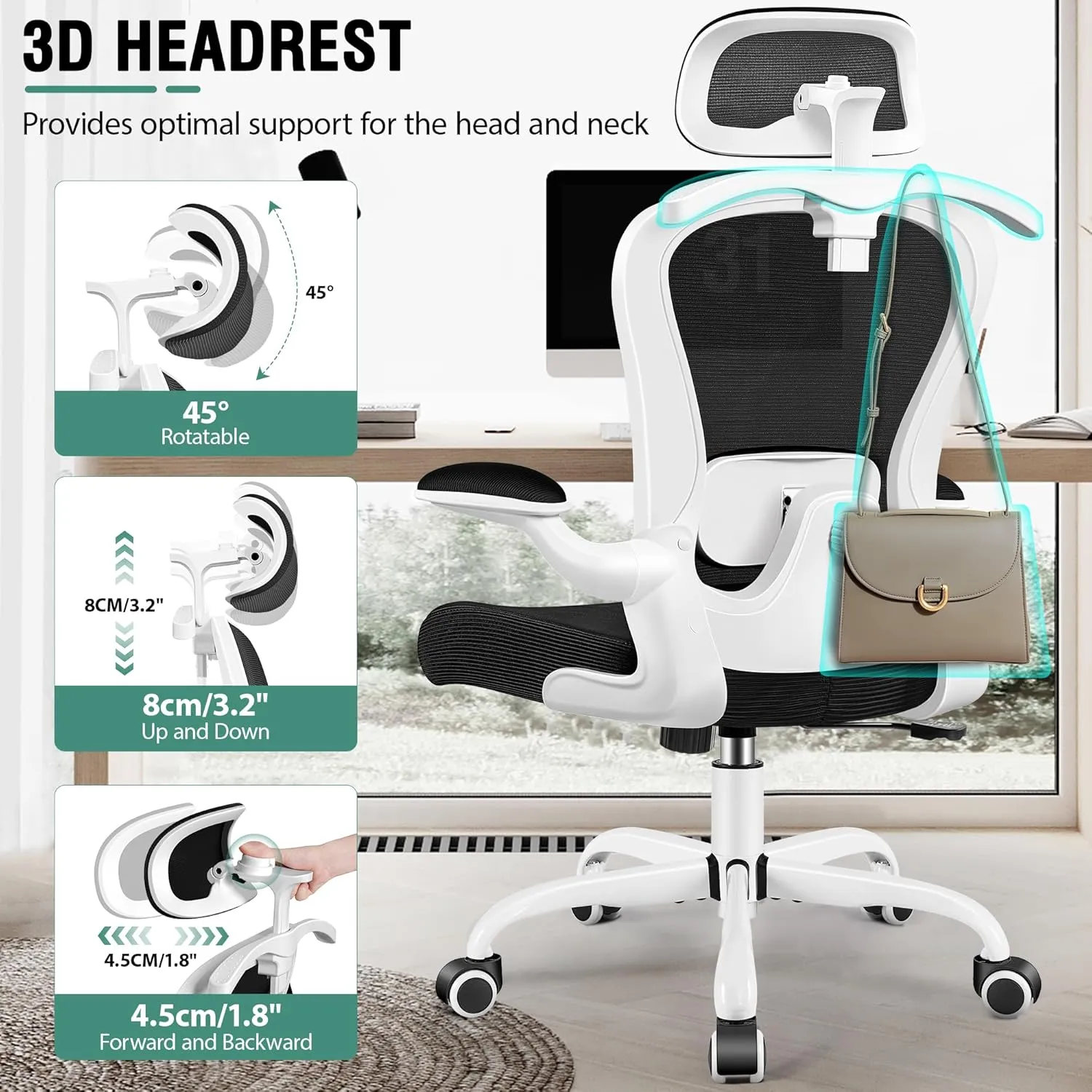 Office Chair, Ergonomic Office Chair with 3D Lumbar Support 3D Headrest, Comfy High Back Home Desk Chairs, Breathable Mesh Computer Chairs with Flip-Up Armrests & Hanger,White