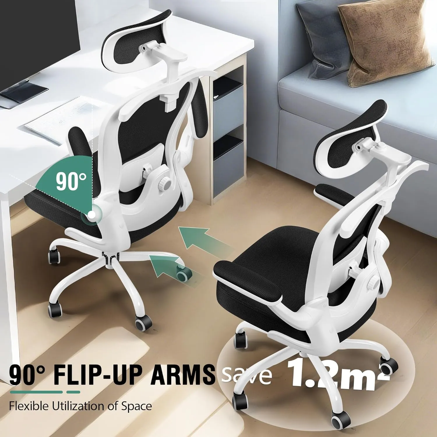 Office Chair, Ergonomic Office Chair with 3D Lumbar Support 3D Headrest, Comfy High Back Home Desk Chairs, Breathable Mesh Computer Chairs with Flip-Up Armrests & Hanger,White