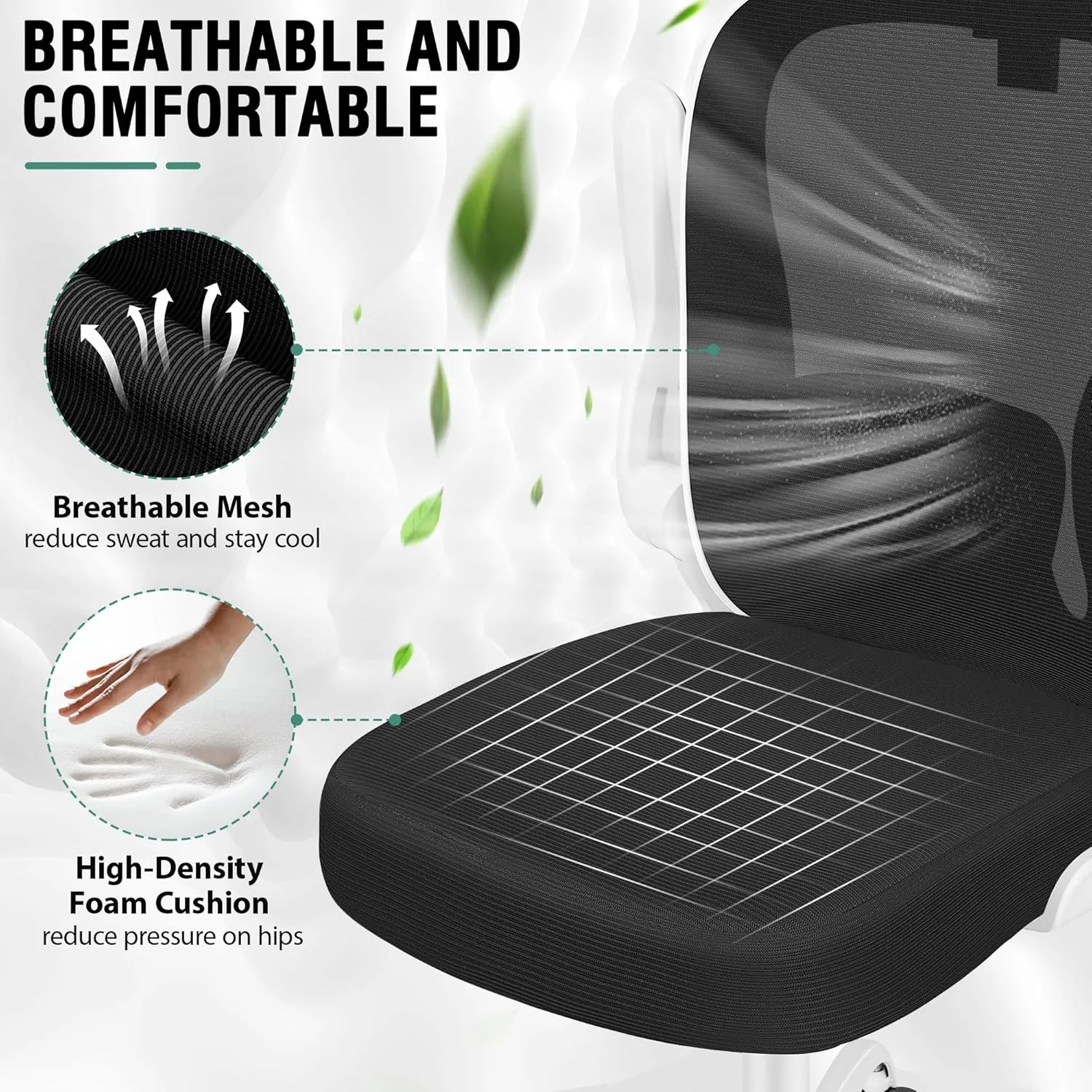 Office Chair, Ergonomic Office Chair with 3D Lumbar Support 3D Headrest, Comfy High Back Home Desk Chairs, Breathable Mesh Computer Chairs with Flip-Up Armrests & Hanger,White