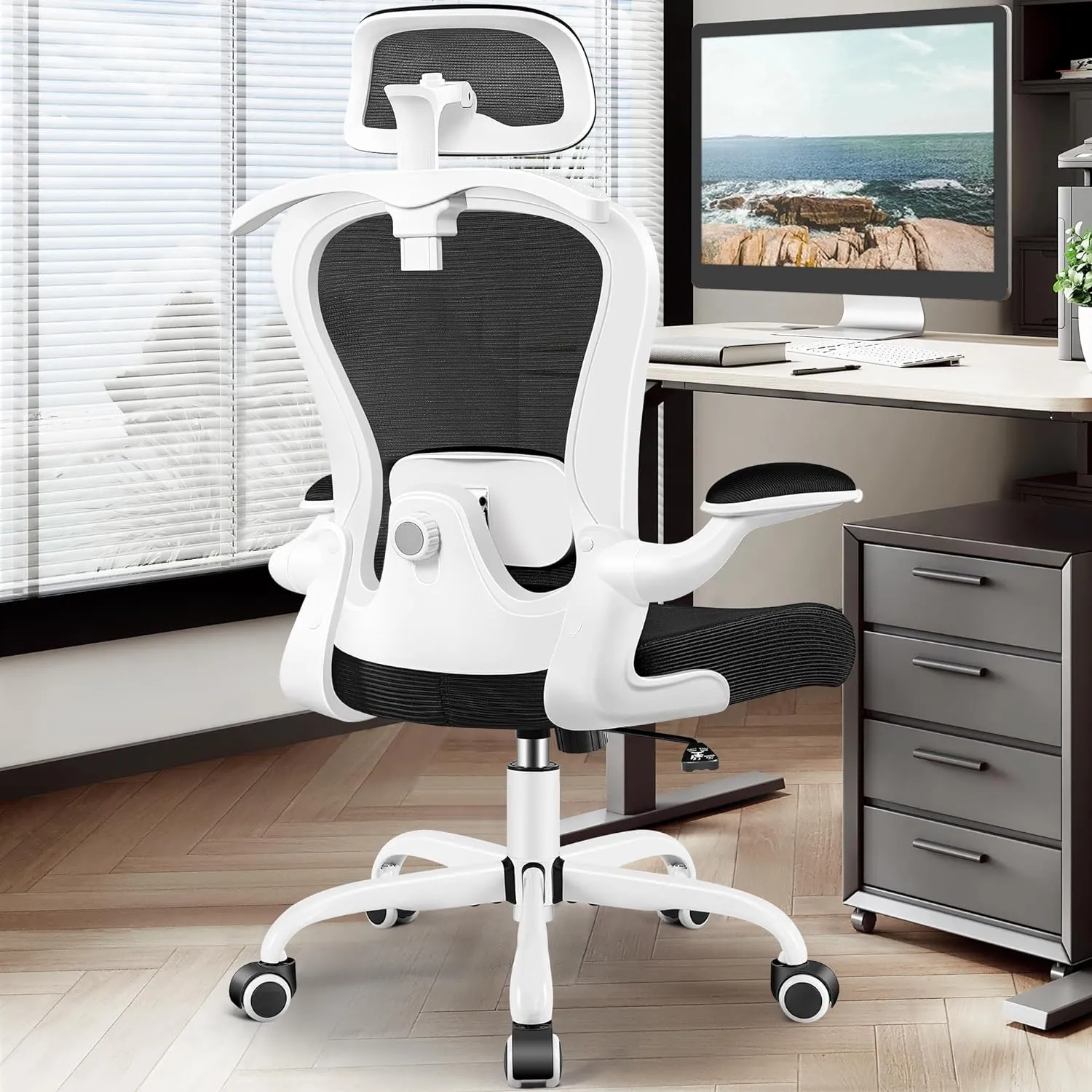 Office Chair, Ergonomic Office Chair with 3D Lumbar Support 3D Headrest, Comfy High Back Home Desk Chairs, Breathable Mesh Computer Chairs with Flip-Up Armrests & Hanger,White
