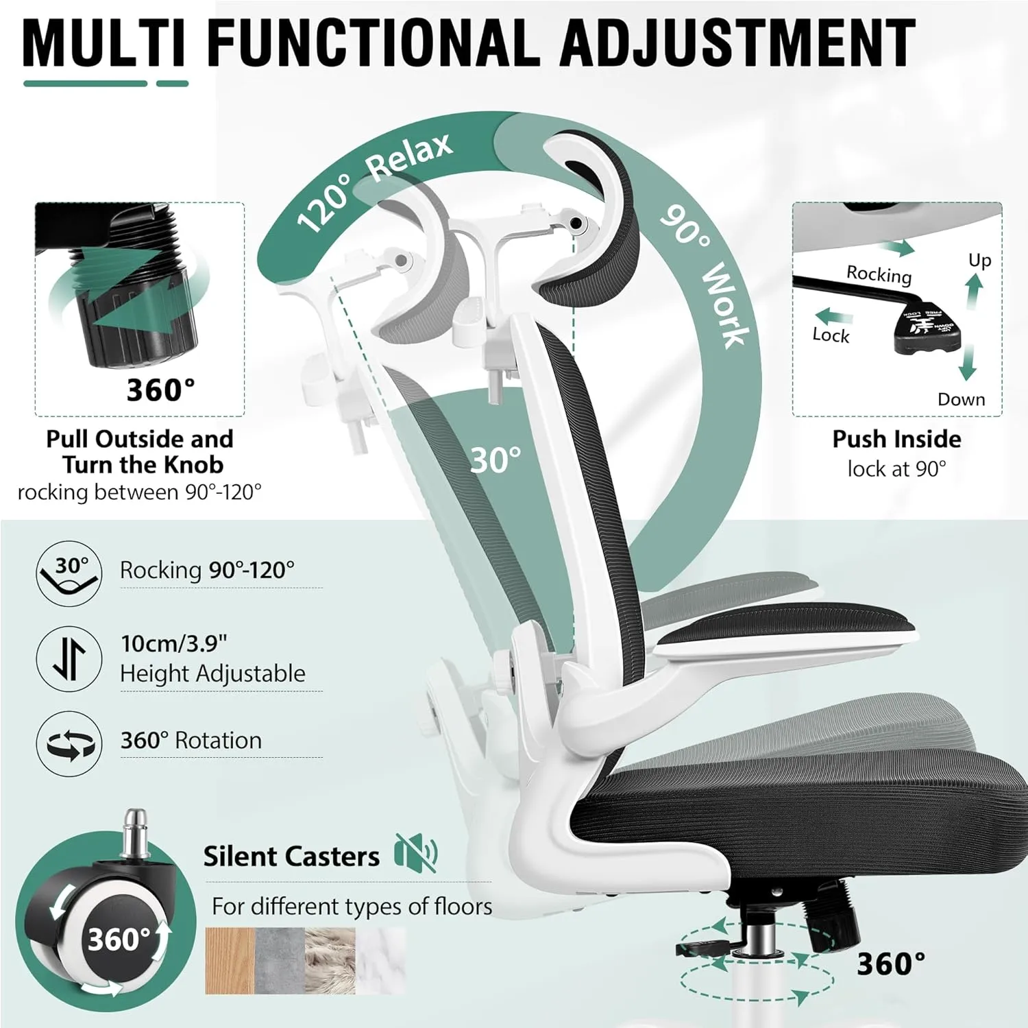 Office Chair, Ergonomic Office Chair with 3D Lumbar Support 3D Headrest, Comfy High Back Home Desk Chairs, Breathable Mesh Computer Chairs with Flip-Up Armrests & Hanger,White