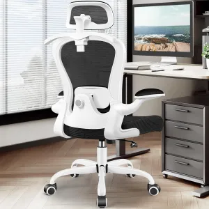 Office Chair, Ergonomic Office Chair with 3D Lumbar Support 3D Headrest, Comfy High Back Home Desk Chairs, Breathable Mesh Computer Chairs with Flip-Up Armrests & Hanger,White
