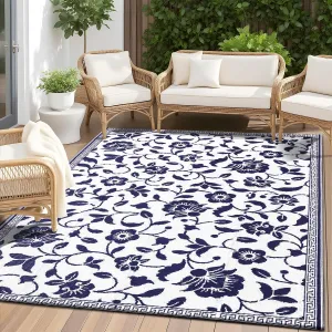 OLANLY Waterproof Outdoor Rug 5x8 ft, Outdoor Plastic Straw Rug with Flower Pattern, Reversible RV Mat for Patio, Camping, Balcony, Deck, Backyard, Navy & White