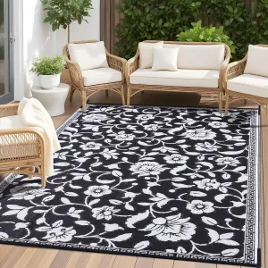 OLANLY Waterproof Outdoor Rug 8x10 ft, Outdoor Plastic Straw Rug with Flower Pattern, Reversible RV Mat for Patio, Camping, Balcony, Deck, Backyard, Black & White
