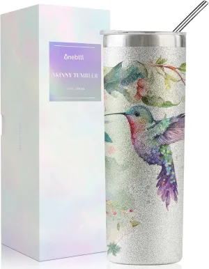 Onebttl Hummingbird Gifts For Women, Her and Hummingbird Lovers - 20oz/590ml Stainless Steel Insulated Glitter Tumbler with Straw - Hummingbird Skinny Tumbler, Coffee Cups - (Sliver)