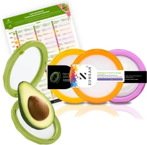 Onion Storage and Avocado Saver - Set of 4 Silicone Fruit Storage Box, Multifunctional and Perfect for Cheese, Tomatoes, Potatoes, Garlic, Lemons - Recipe Chart Included - Cool Kitchen Gadget