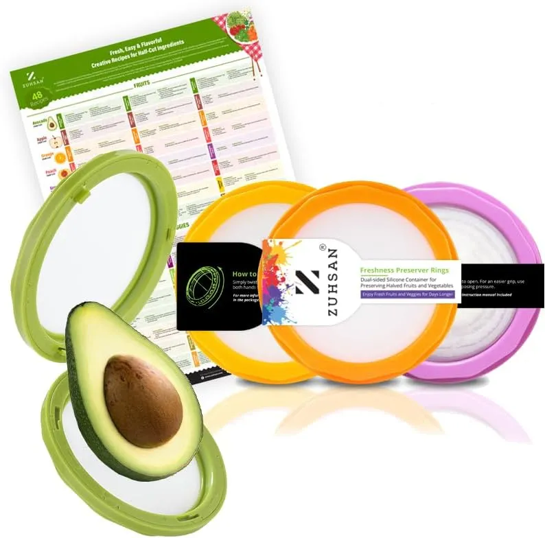 Onion Storage and Avocado Saver - Set of 4 Silicone Fruit Storage Box, Multifunctional and Perfect for Cheese, Tomatoes, Potatoes, Garlic, Lemons - Recipe Chart Included - Cool Kitchen Gadget