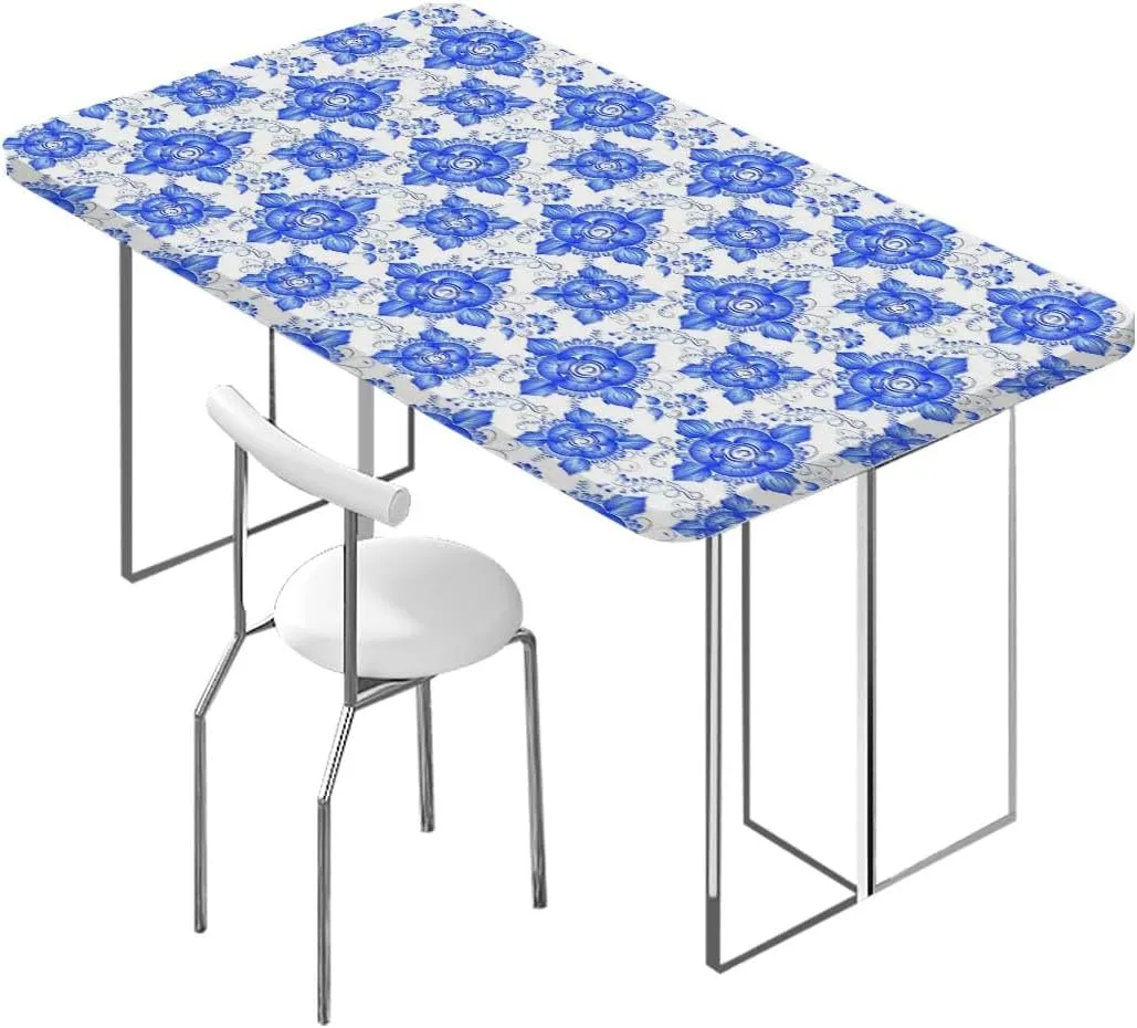 OOzie Blue Fitted Tablecloth Porcelain Style Traditional Pattern Colors Protector with Elastic for Rectangle Picnic Tables, Washable Flower Leaves Fits up 4 Foot Tables