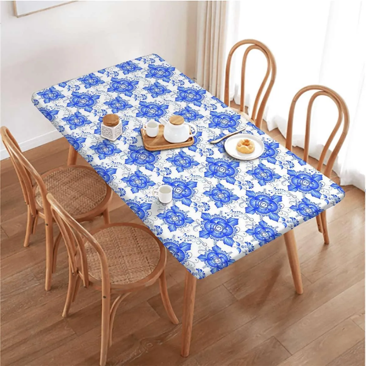 OOzie Blue Fitted Tablecloth Porcelain Style Traditional Pattern Colors Protector with Elastic for Rectangle Picnic Tables, Washable Flower Leaves Fits up 4 Foot Tables