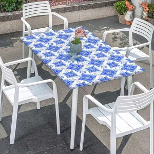 OOzie Blue Fitted Tablecloth Porcelain Style Traditional Pattern Colors Protector with Elastic for Rectangle Picnic Tables, Washable Flower Leaves Fits up 4 Foot Tables