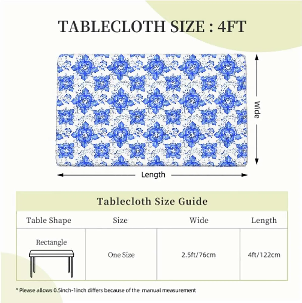 OOzie Blue Fitted Tablecloth Porcelain Style Traditional Pattern Colors Protector with Elastic for Rectangle Picnic Tables, Washable Flower Leaves Fits up 4 Foot Tables