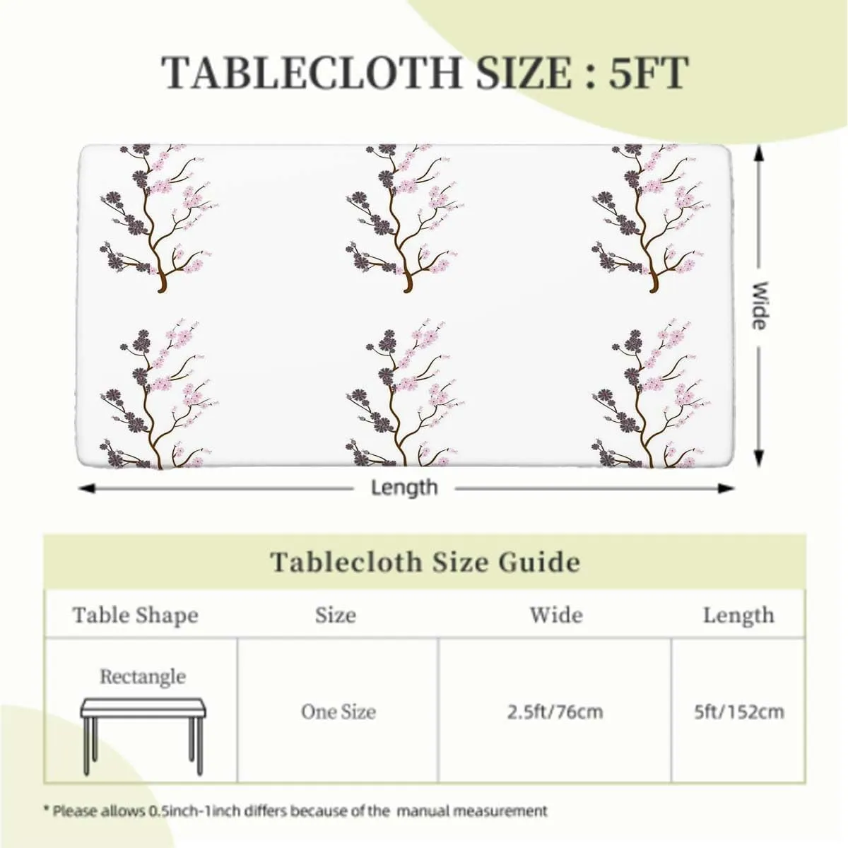 OOzie Pink Brown White Fitted Table Cover for Square Tables Blossoms Pure Simplistic Floral for Outdoor Indoor Picnic Party Rectangle Table Cloth Flower Fits up 5 Foot Tables
