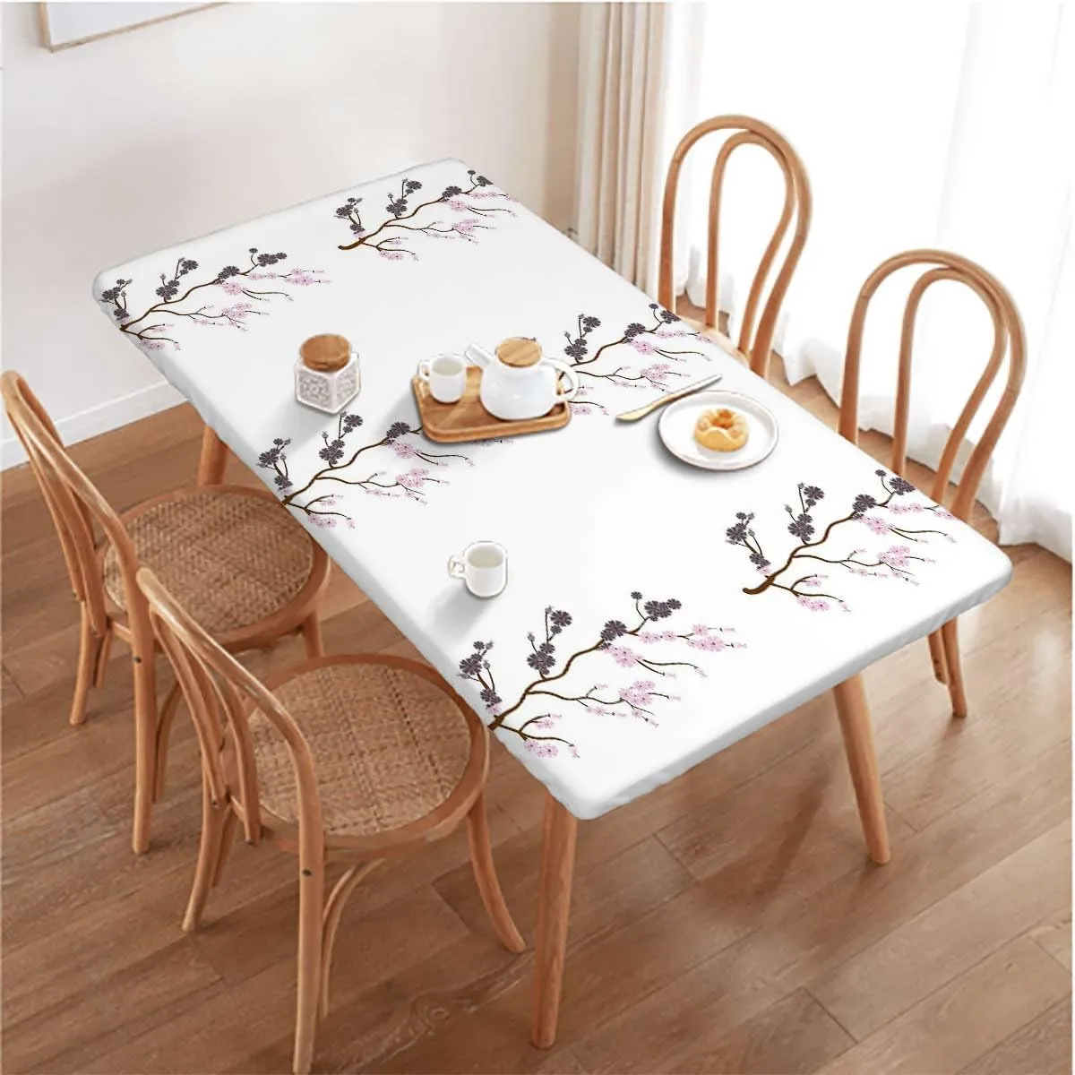 OOzie Pink Brown White Fitted Table Cover for Square Tables Blossoms Pure Simplistic Floral for Outdoor Indoor Picnic Party Rectangle Table Cloth Flower Fits up 5 Foot Tables