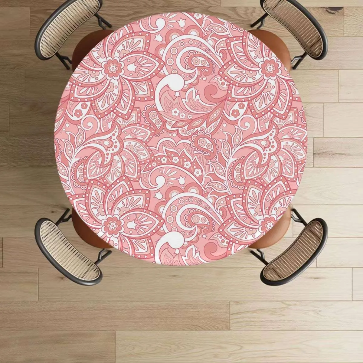 OOzie Pink Tablecloth Overlay for Round Tables Floral Design Dots Swirls Stripes Leaves Tablecloth Elastic Edged Round Waterproof Table Cloth Flower Decor Fits up 40"-44" Diameter Tables