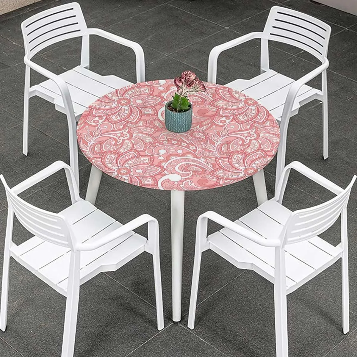 OOzie Pink Tablecloth Overlay for Round Tables Floral Design Dots Swirls Stripes Leaves Tablecloth Elastic Edged Round Waterproof Table Cloth Flower Decor Fits up 40"-44" Diameter Tables