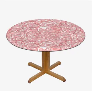 OOzie Pink Tablecloth Overlay for Round Tables Floral Design Dots Swirls Stripes Leaves Tablecloth Elastic Edged Round Waterproof Table Cloth Flower Decor Fits up 40"-44" Diameter Tables