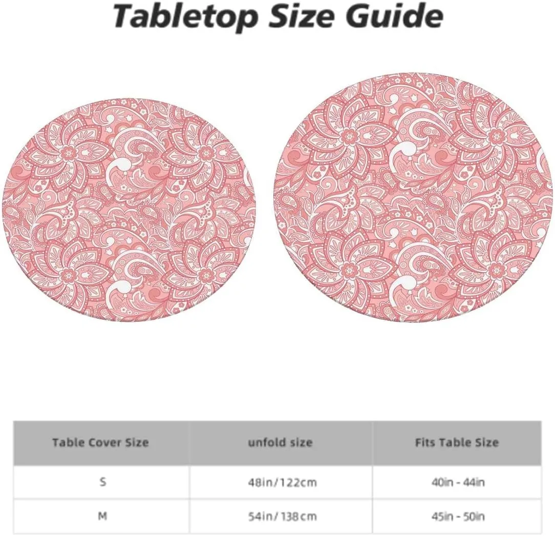 OOzie Pink Tablecloth Overlay for Round Tables Floral Design Dots Swirls Stripes Leaves Tablecloth Elastic Edged Round Waterproof Table Cloth Flower Decor Fits up 40"-44" Diameter Tables