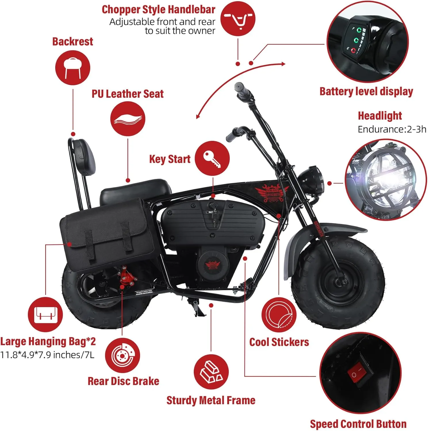 Oryxearth Electric Mini Dirt Bike, 36V Battery, 1000W Motor Electrical Powered Motorcycle for Kids, 2 Speeds-15.5MPH/22 MPH, 2 Hanging Bags, Endurance 60 Mins, Up to 185lbs, Dark Style - Red