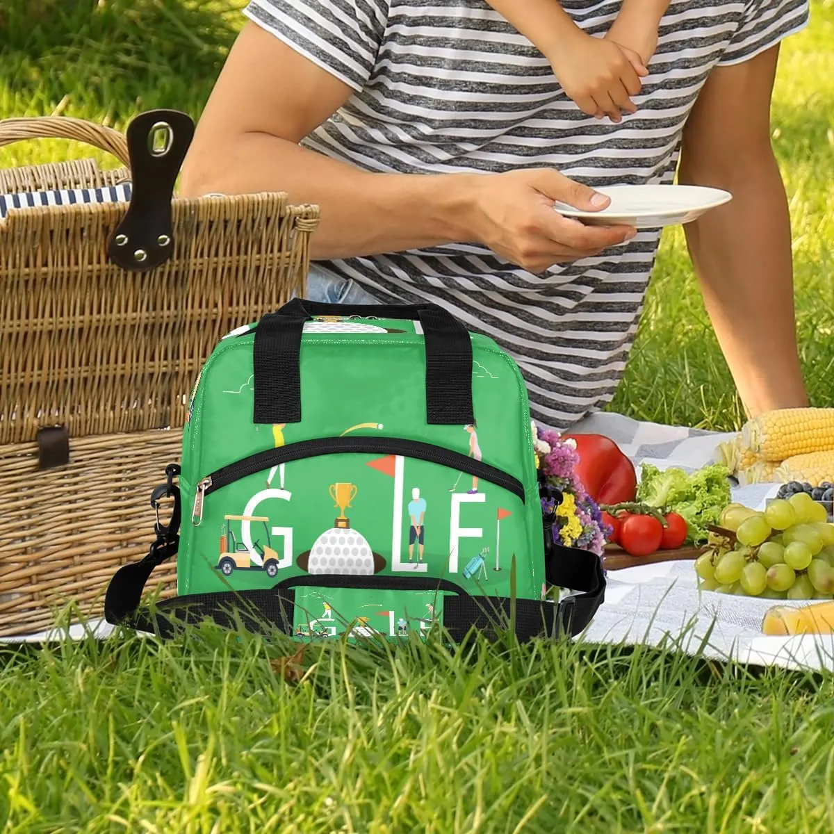 OSAM SPACE Insulated Lunch Bag, Golf Sport Ball Print Reusable Large Lunch Tote Handbag Lunch Box Meal Prep Thermal Cooler Bag with Shoulder Strap for Women Men Office Picnic