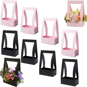 OUKEYI 10 Pcs Craft Paper Gift Bags for Flower Bouquet Florist Bouquet Packaging Bag with Handle, Mother's Day WeddingBouquet Boxes, Graduation Gift Tote Bags Pink and Black