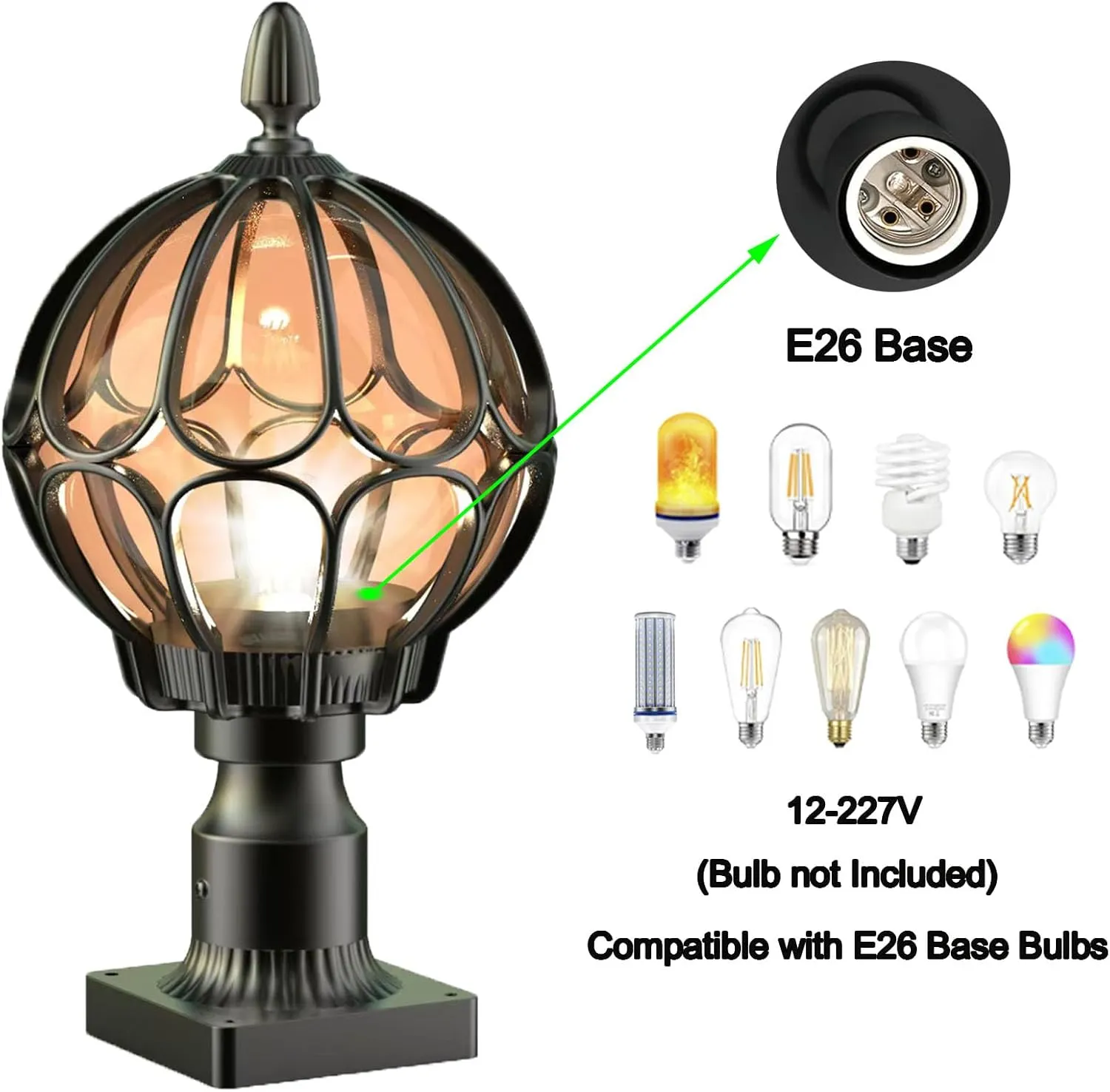 Outdoor Post Lights,Outdoor Column Lights,Deck Lights,Post Cap Lights,lamp Post Light,with E26 IP54 Waterproof,Hard Wired Fence Post Lights,Modern Light Fixture (Black, Large)
