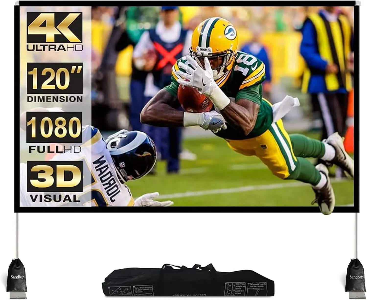 Outdoor Projector Screen with Stand 120 Inch: Foldable Movie Projection Screens - Portable Frame Screen for Home Theater & Camping 3D 4K HD Compatible Includes Carry Bag