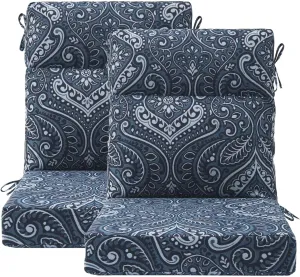 Outdoor Separate High Back Chair Cushion Seat Pads, 2-Pack 44 x 21 Inch Water-Repellent & Fade-Resistant Patio Furniture Cushions with Ties for Adirondack, Rocking Chairs, Damask Blue Flower