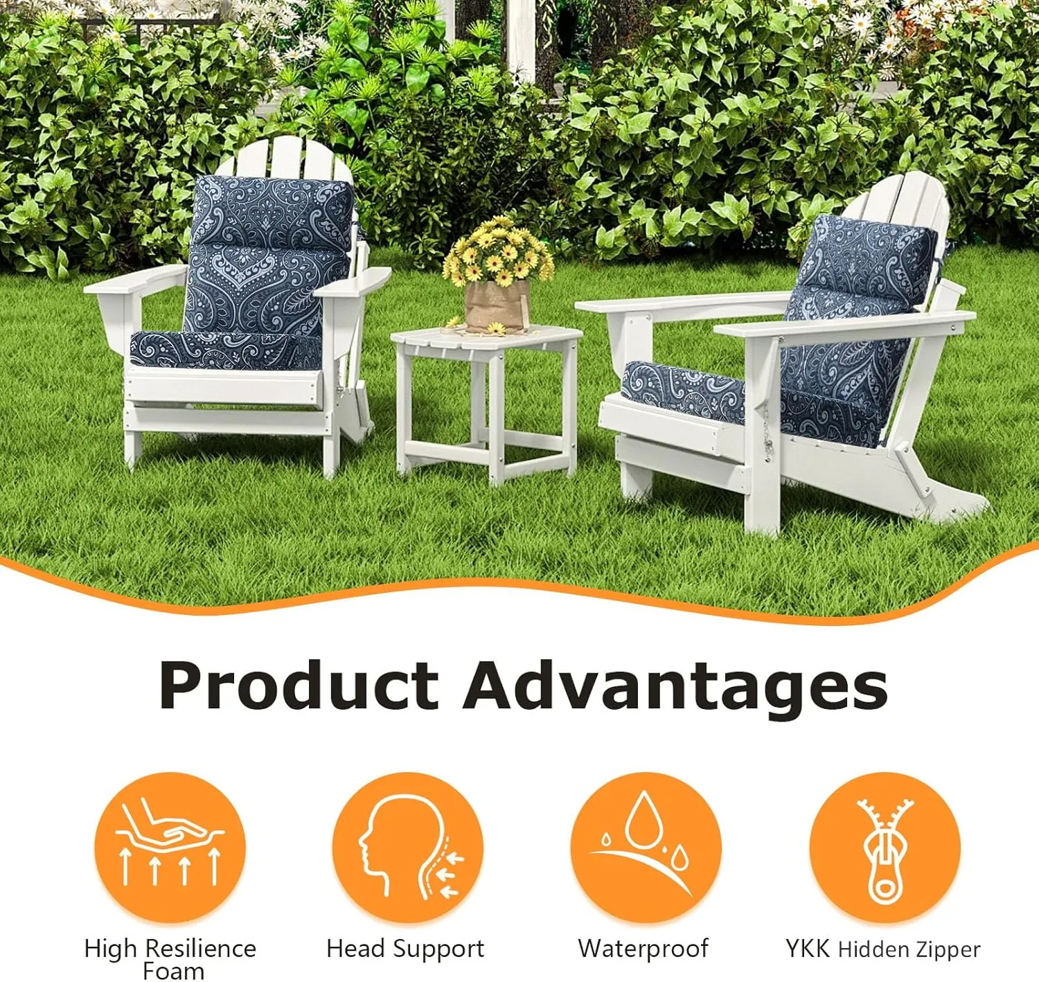 Outdoor Separate High Back Chair Cushion Seat Pads, 2-Pack 44 x 21 Inch Water-Repellent & Fade-Resistant Patio Furniture Cushions with Ties for Adirondack, Rocking Chairs, Damask Blue Flower