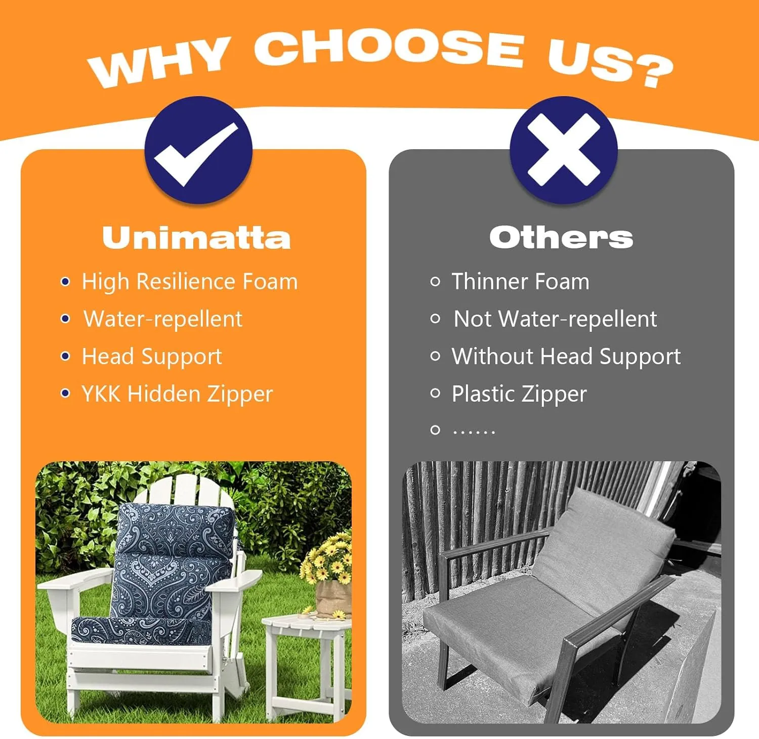 Outdoor Separate High Back Chair Cushion Seat Pads, 2-Pack 44 x 21 Inch Water-Repellent & Fade-Resistant Patio Furniture Cushions with Ties for Adirondack, Rocking Chairs, Damask Blue Flower