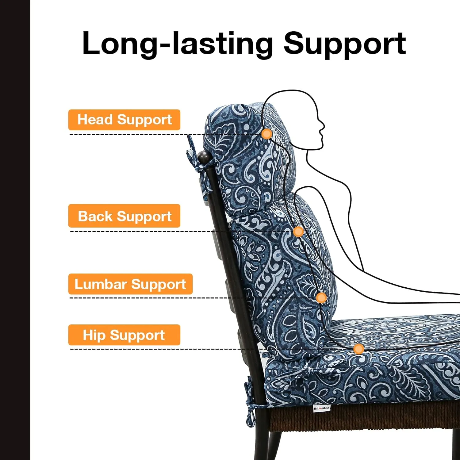 Outdoor Separate High Back Chair Cushion Seat Pads, 2-Pack 44 x 21 Inch Water-Repellent & Fade-Resistant Patio Furniture Cushions with Ties for Adirondack, Rocking Chairs, Damask Blue Flower