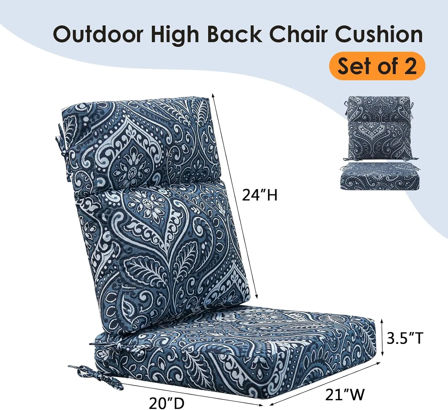Outdoor Separate High Back Chair Cushion Seat Pads, 2-Pack 44 x 21 Inch Water-Repellent & Fade-Resistant Patio Furniture Cushions with Ties for Adirondack, Rocking Chairs, Damask Blue Flower