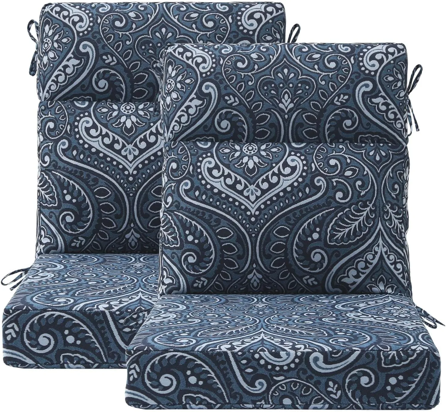 Outdoor Separate High Back Chair Cushion Seat Pads, 2-Pack 44 x 21 Inch Water-Repellent & Fade-Resistant Patio Furniture Cushions with Ties for Adirondack, Rocking Chairs, Damask Blue Flower