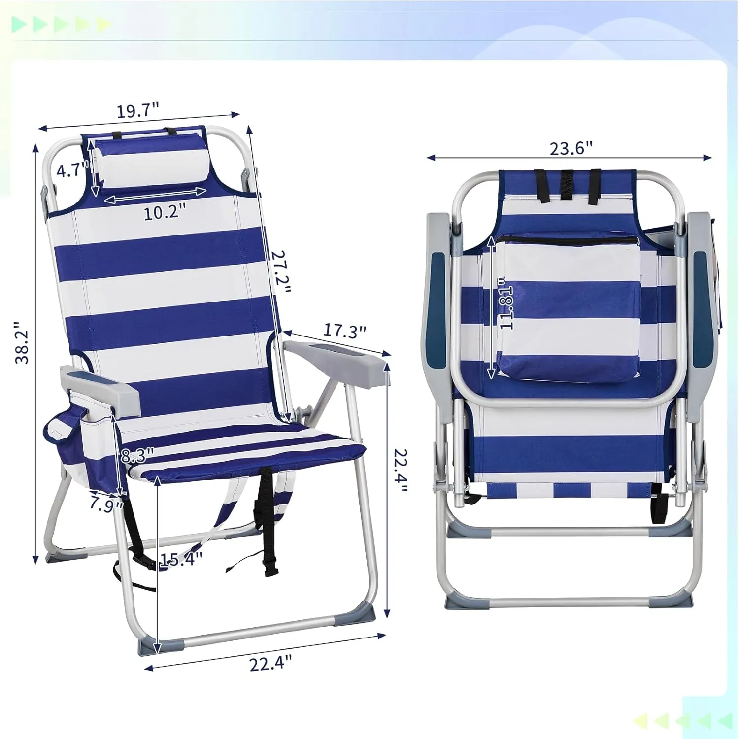 Outvita Backpack Beach Chair, 5 Level Adjustable Positions Beach Chair with Back Storage Bag, Cooler Pouch and Side Bags for Beach Poolside Lawn