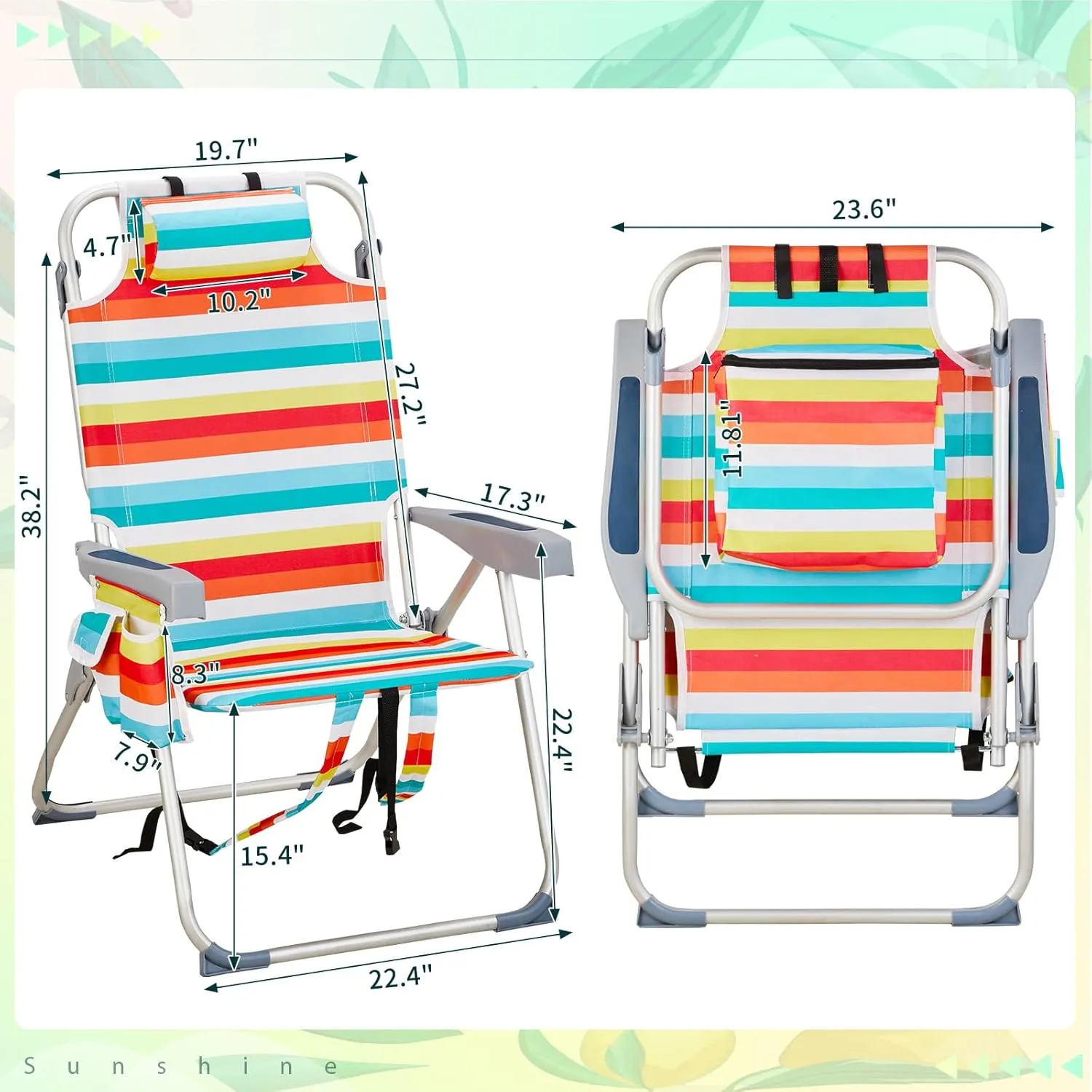 Outvita Backpack Beach Chair, 5 Level Adjustable Positions Beach Chair with Back Storage Bag, Cooler Pouch and Side Bags for Beach Poolside Lawn