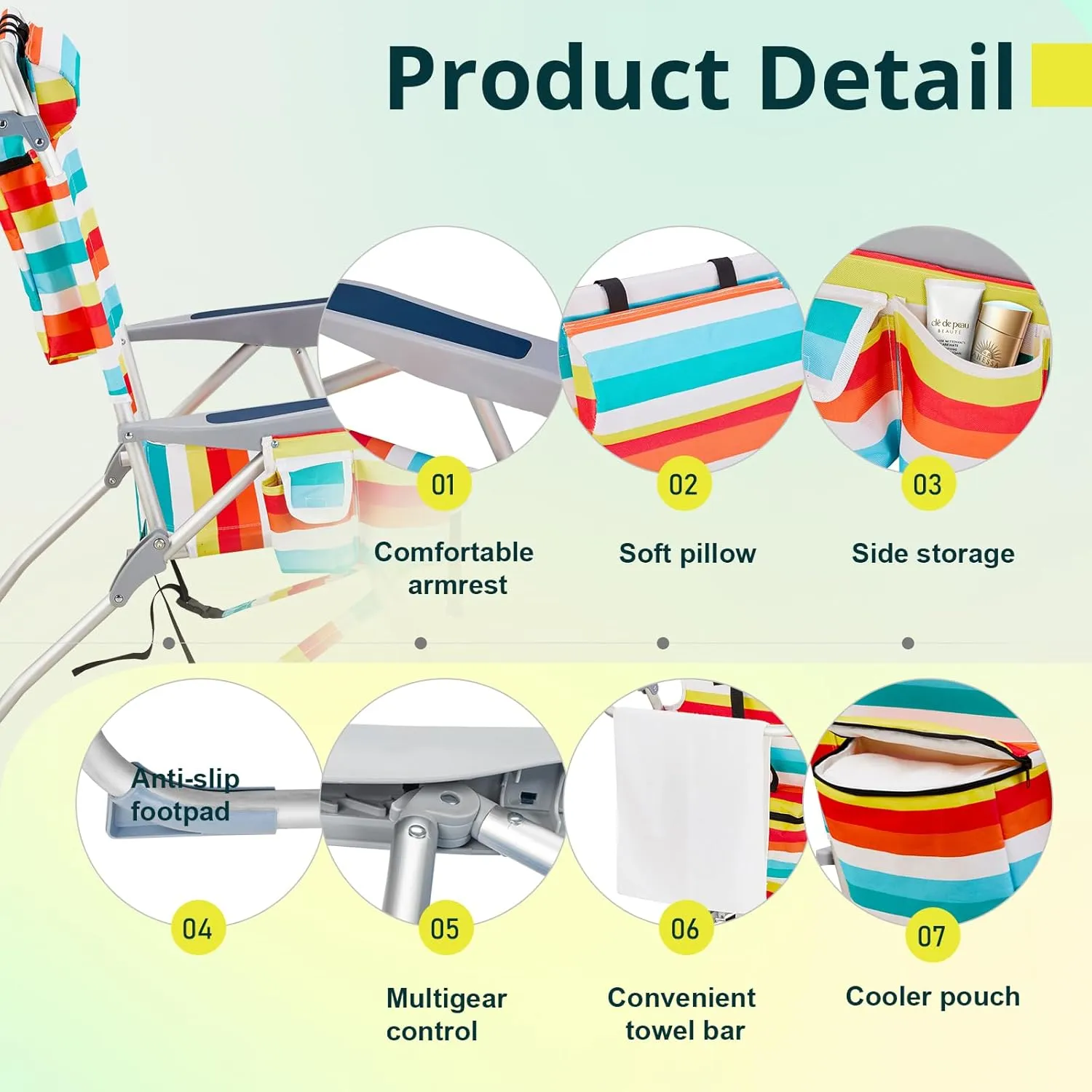 Outvita Backpack Beach Chair, 5 Level Adjustable Positions Beach Chair with Back Storage Bag, Cooler Pouch and Side Bags for Beach Poolside Lawn