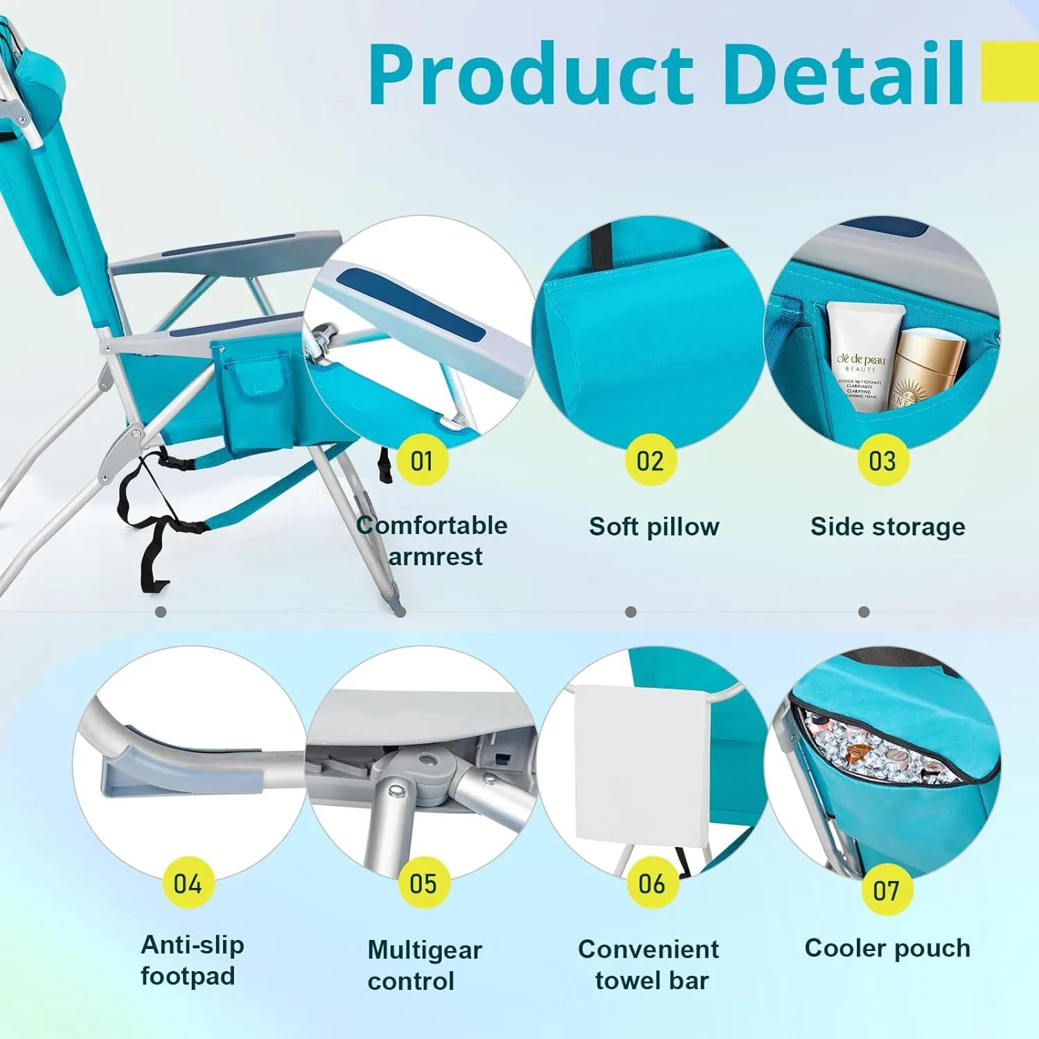 Outvita Backpack Beach Chair, 5 Level Adjustable Positions Beach Chair with Back Storage Bag, Cooler Pouch and Side Bags for Beach Poolside Lawn