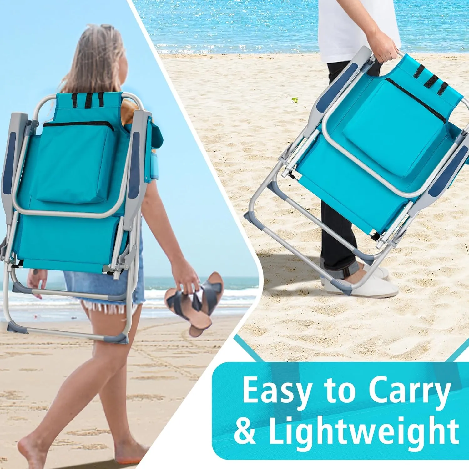 Outvita Backpack Beach Chair, 5 Level Adjustable Positions Beach Chair with Back Storage Bag, Cooler Pouch and Side Bags for Beach Poolside Lawn