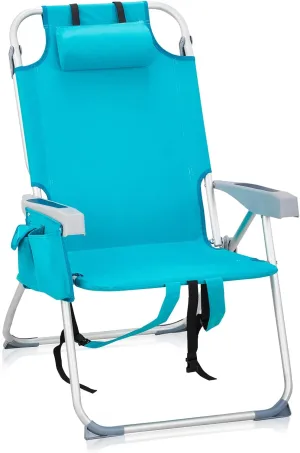 Outvita Backpack Beach Chair, 5 Level Adjustable Positions Beach Chair with Back Storage Bag, Cooler Pouch and Side Bags for Beach Poolside Lawn